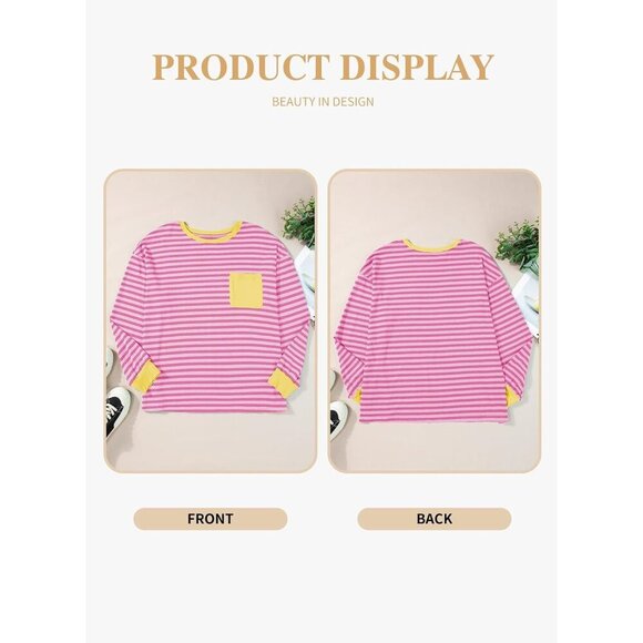 Plus Size Cozy Crewneck Long Sleeve Striped T-Shirt with Pocket for Women - Picture 4 of 5